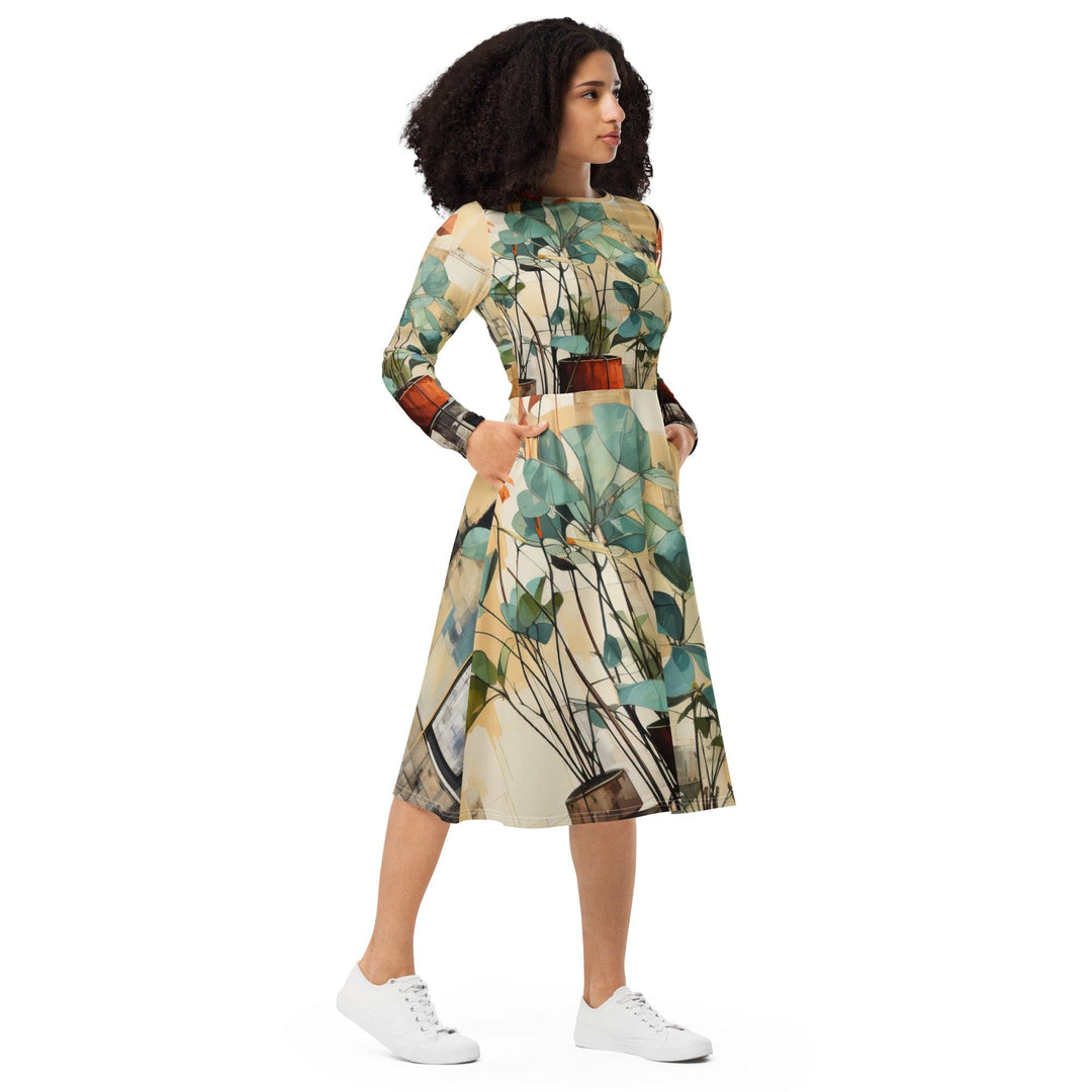 Womens Long Sleeve Midi Dress Rustic Botanical Plants - Womens | Dresses | MIDI