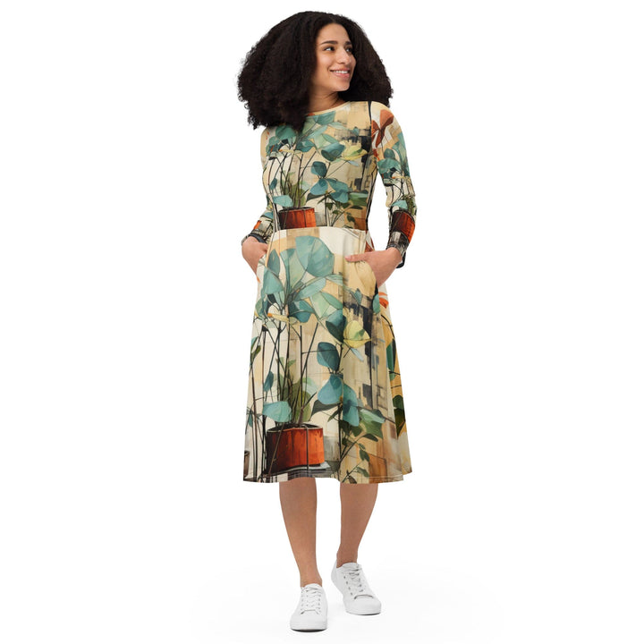 Womens Long Sleeve Midi Dress Rustic Botanical Plants - Womens | Dresses | MIDI