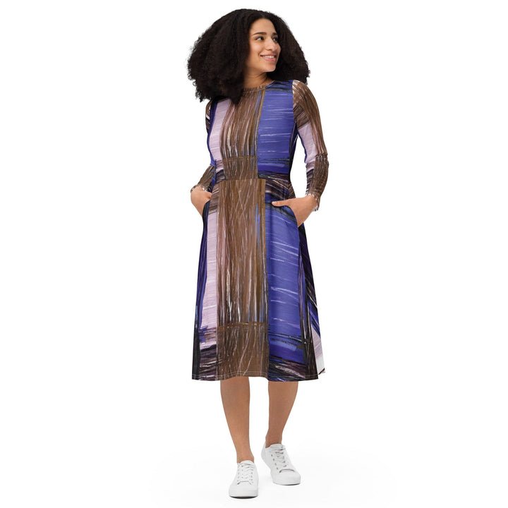 Womens Long Sleeve Midi Dress Rustic Brown Interweave Print - Womens | Dresses