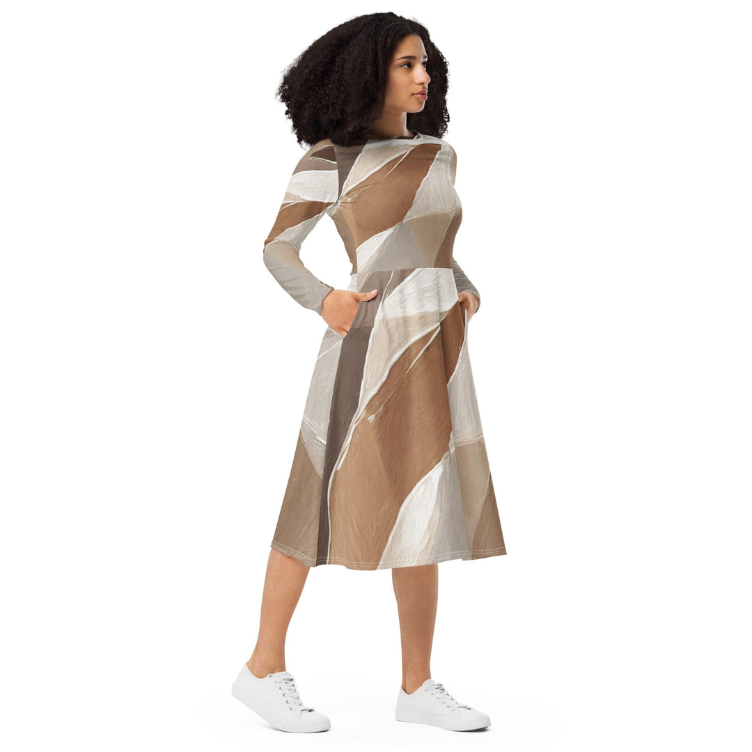 Womens Long Sleeve Midi Dress - Rustic Brown Stone Print