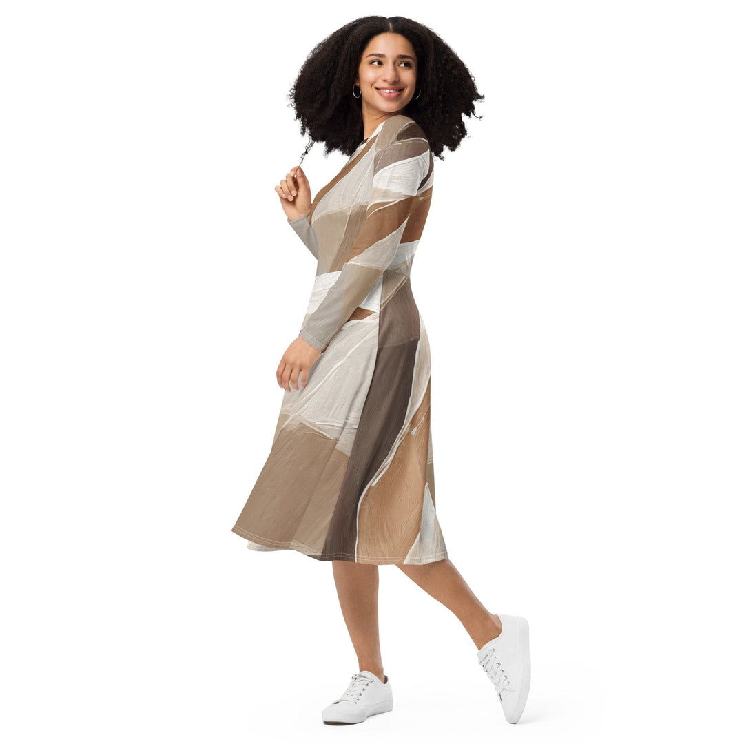 Womens Long Sleeve Midi Dress - Rustic Brown Stone Print