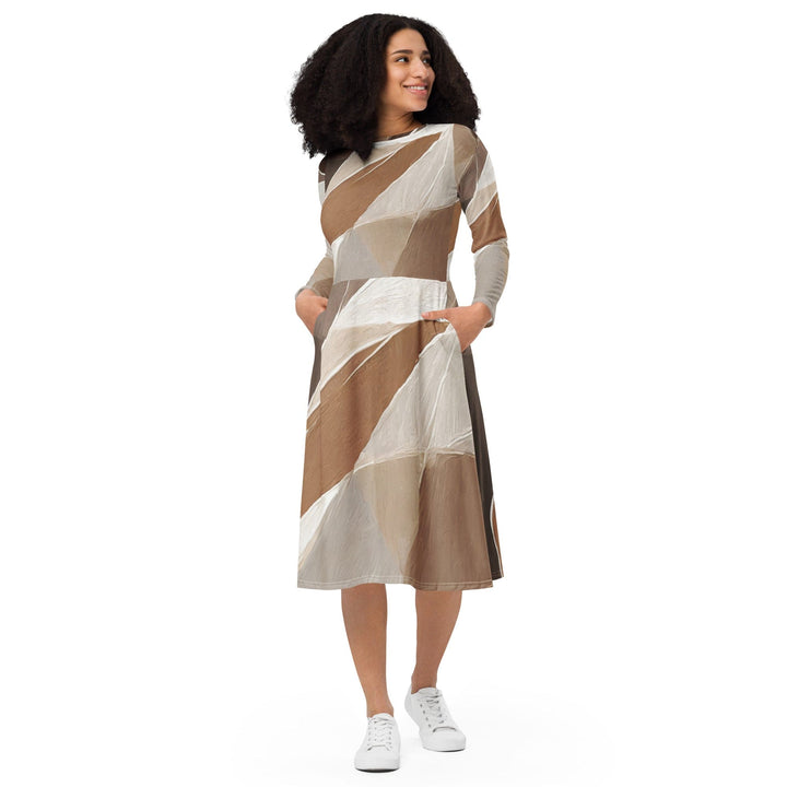 Womens Long Sleeve Midi Dress - Rustic Brown Stone Print