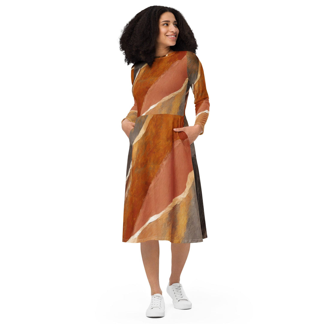 Womens Long Sleeve Midi Dress Rustic Brown Stone Print - Womens | Dresses