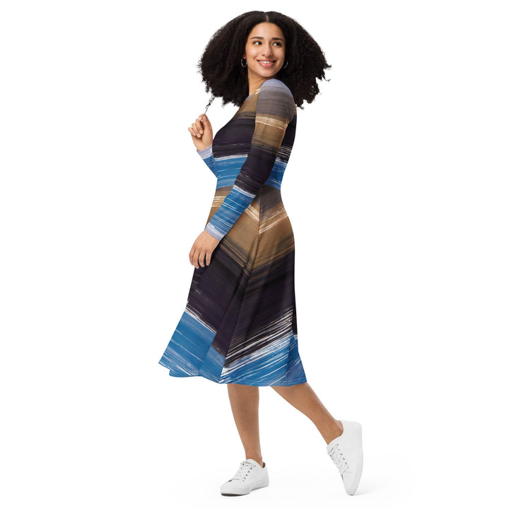 Womens Long Sleeve Midi Dress - Rustic Purple Brown Design