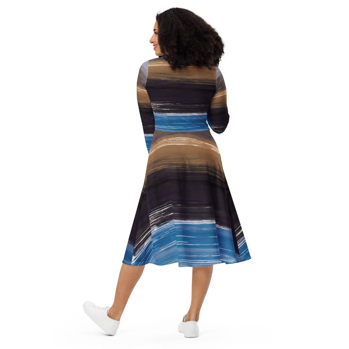 Womens Long Sleeve Midi Dress - Rustic Purple Brown Design