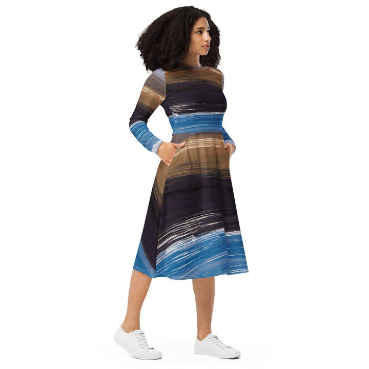 Womens Long Sleeve Midi Dress - Rustic Purple Brown Design