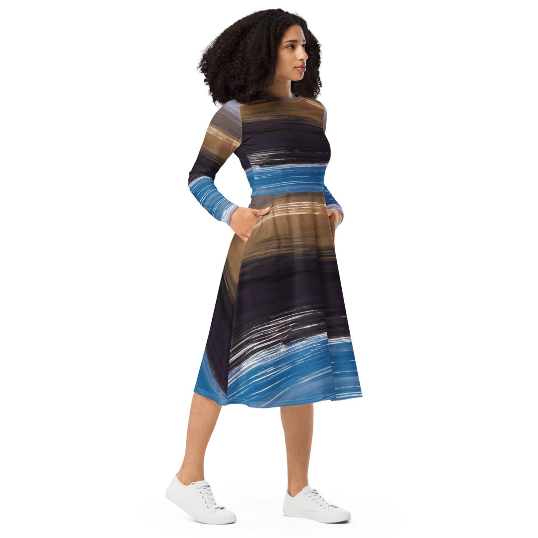 Womens Long Sleeve Midi Dress - Rustic Purple Brown Design