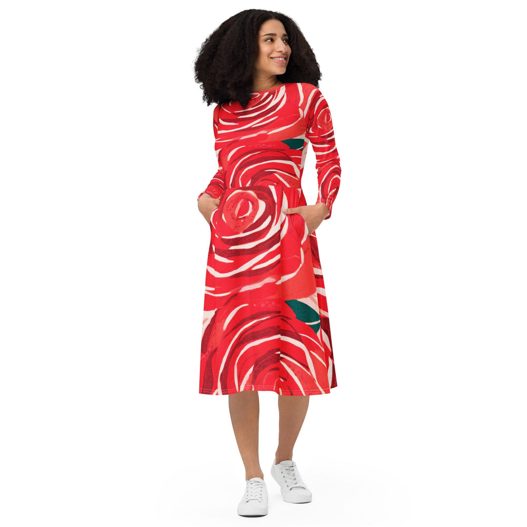 Womens Long Sleeve Midi Dress Rustic Red Roses - Womens | Dresses | MIDI | AOP