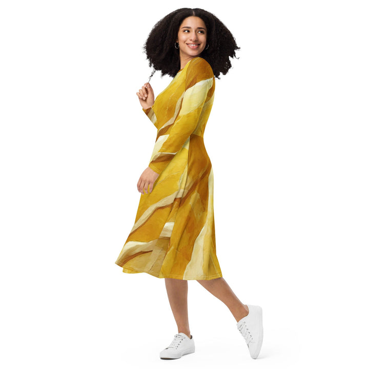 Womens Long Sleeve Midi Dress Rustic Yellow Stone Print - Womens | Dresses