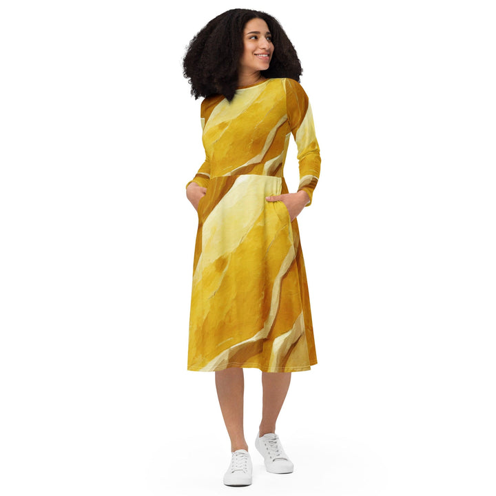 Womens Long Sleeve Midi Dress Rustic Yellow Stone Print - Womens | Dresses