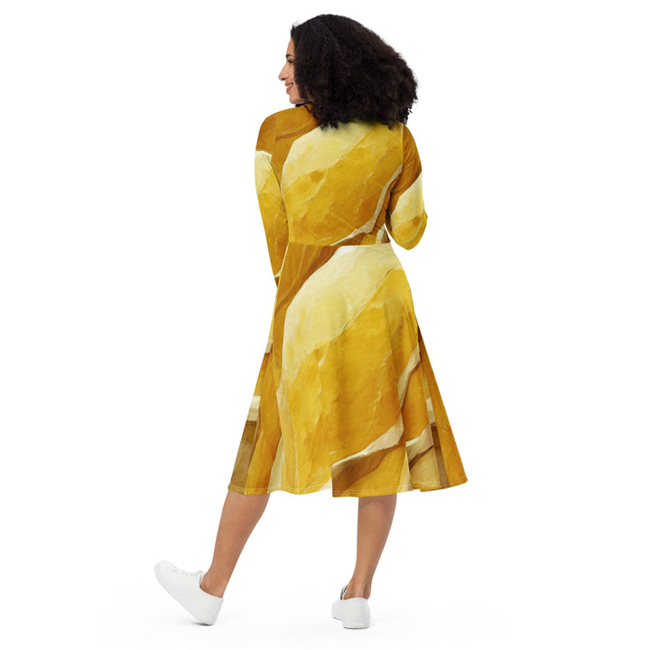 Womens Long Sleeve Midi Dress Rustic Yellow Stone Print - Womens | Dresses