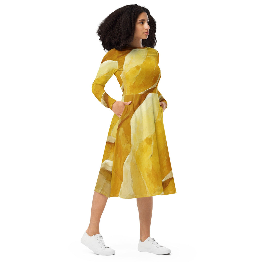 Womens Long Sleeve Midi Dress Rustic Yellow Stone Print - Womens | Dresses