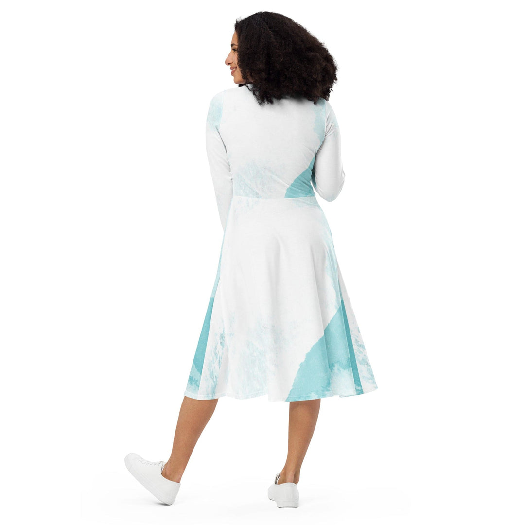 Womens Long Sleeve Midi Dress Subtle Abstract Ocean Blue and White - Womens