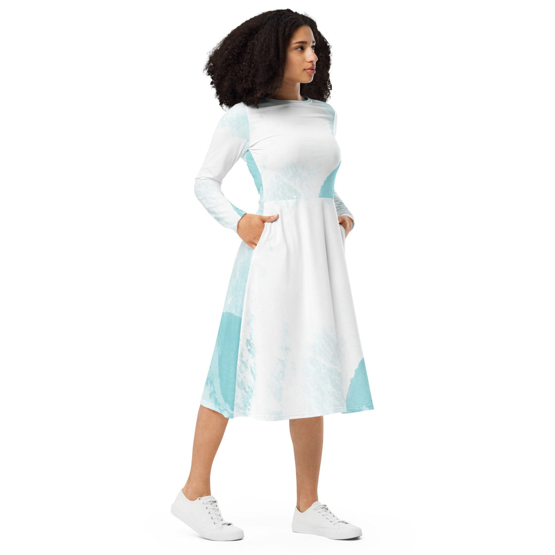 Womens Long Sleeve Midi Dress Subtle Abstract Ocean Blue and White - Womens