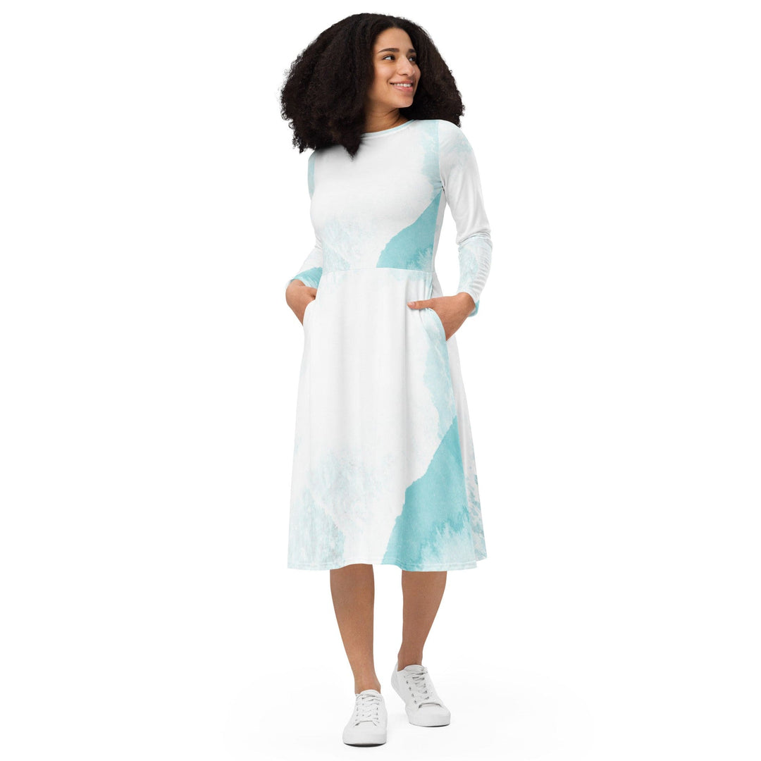 Womens Long Sleeve Midi Dress Subtle Abstract Ocean Blue and White - Womens