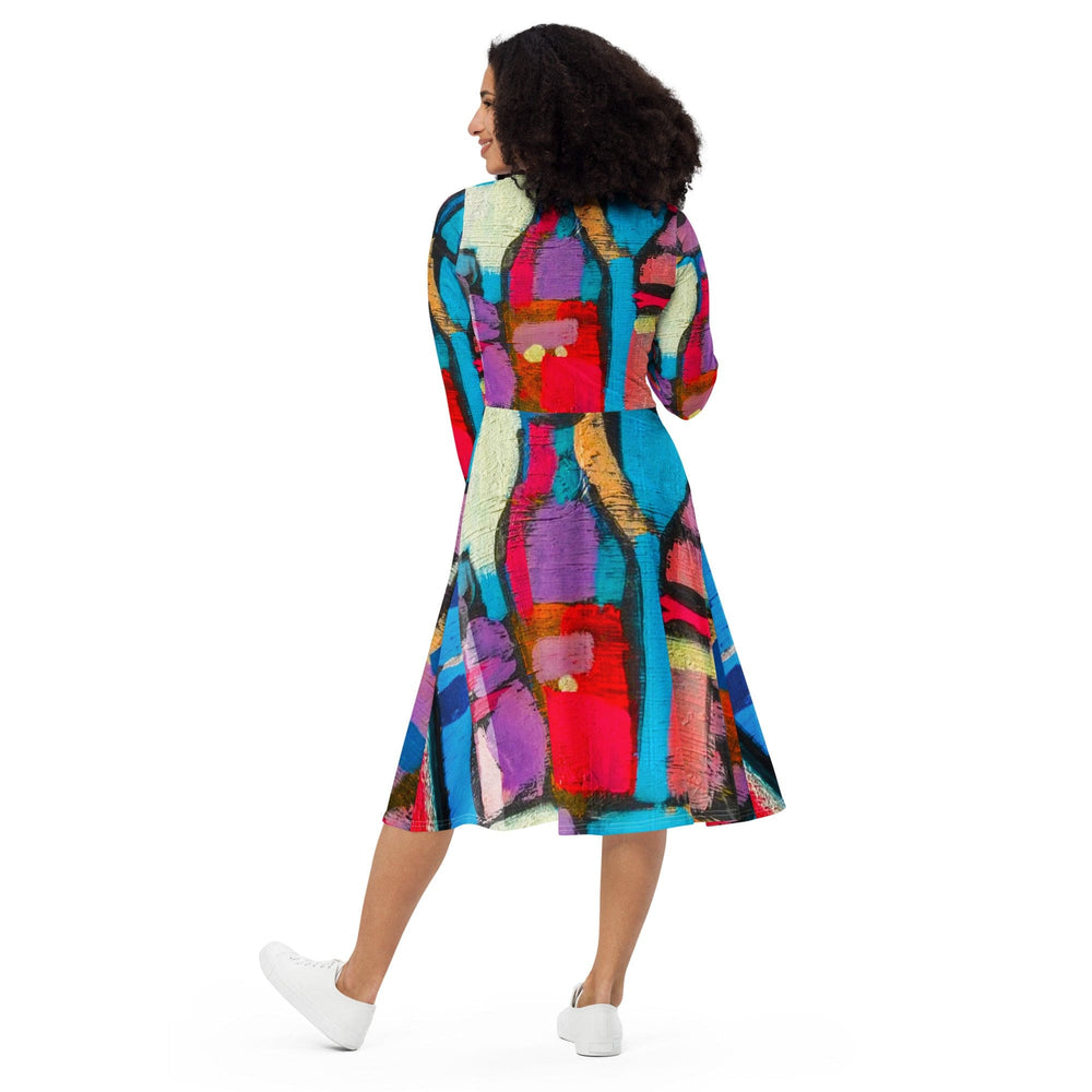 Womens Long Sleeve Midi Dress Sutileza Red Multicolor Abstract Print - Womens