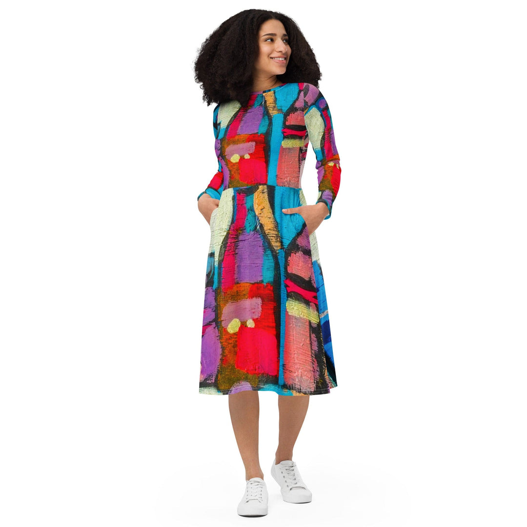 Womens Long Sleeve Midi Dress Sutileza Red Multicolor Abstract Print - Womens