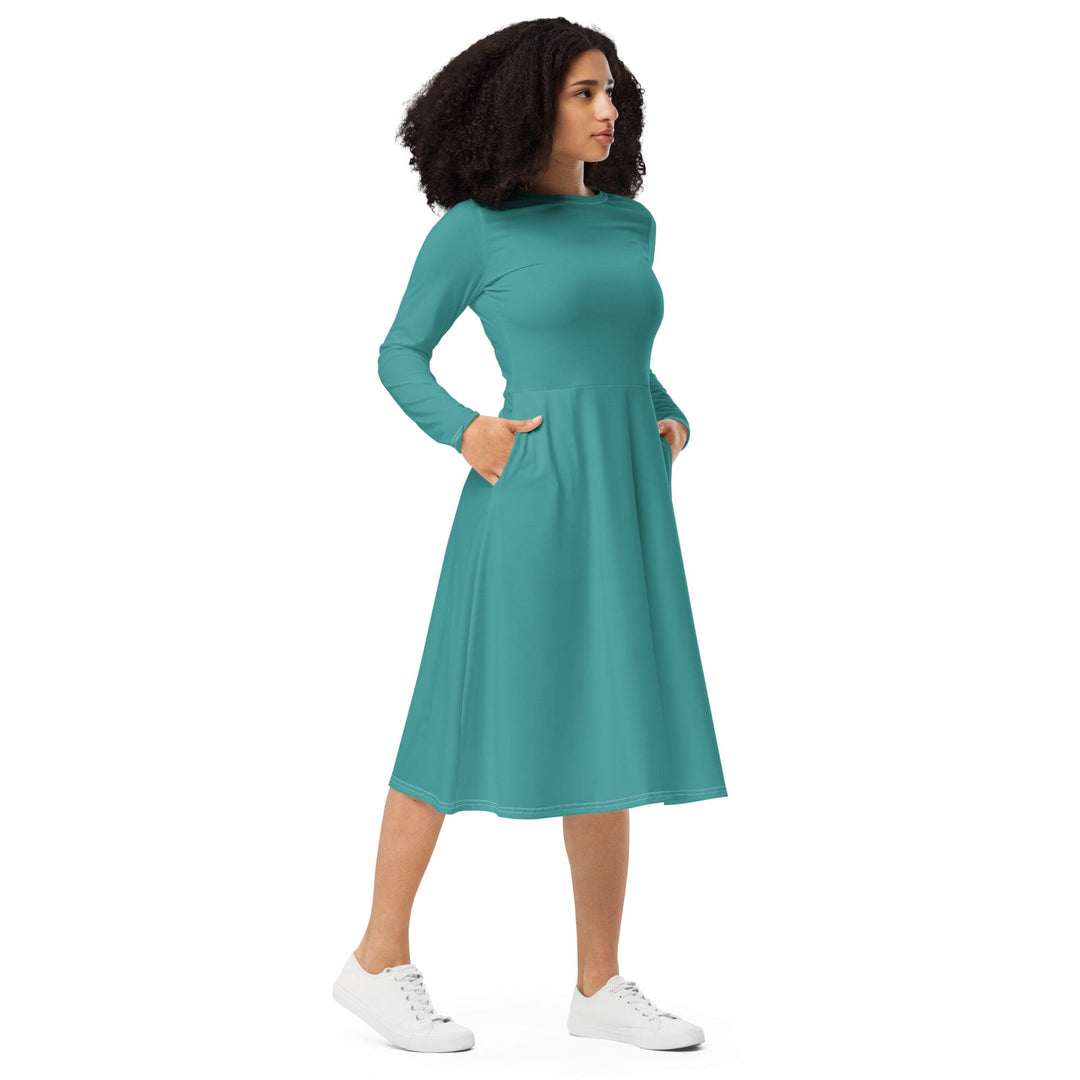 Womens Long Sleeve Midi Dress Teal Green - Womens | Dresses | MIDI | AOP