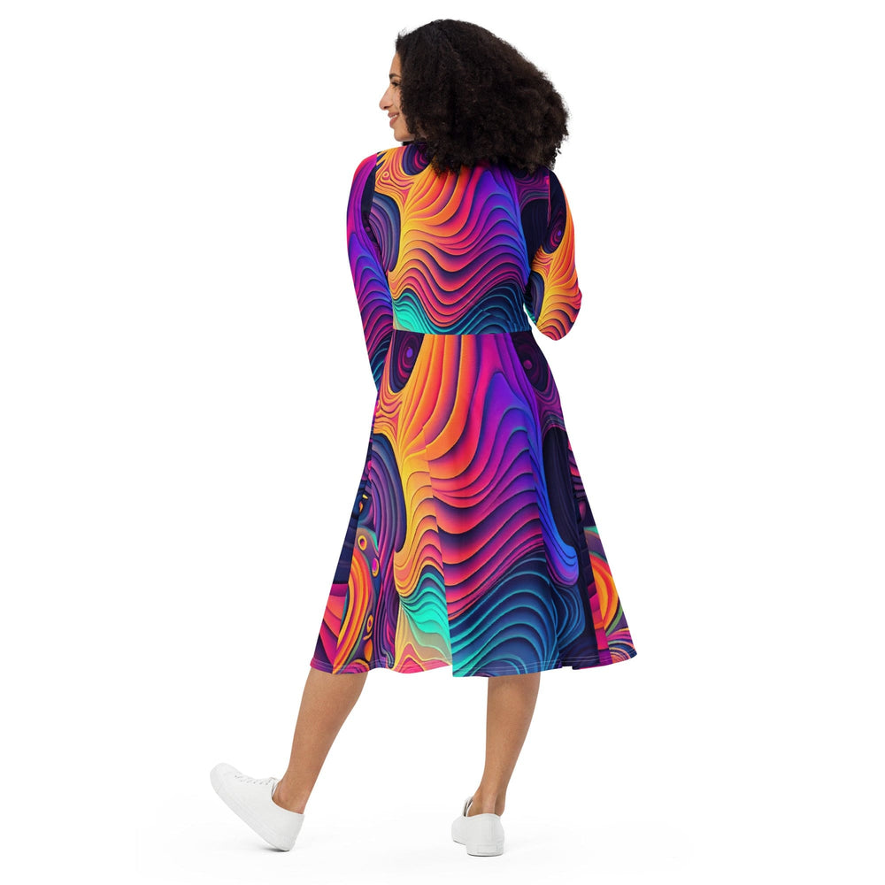 Womens Long Sleeve Midi Dress Vibrant Psychedelic Kaleidoscope Boho - Womens