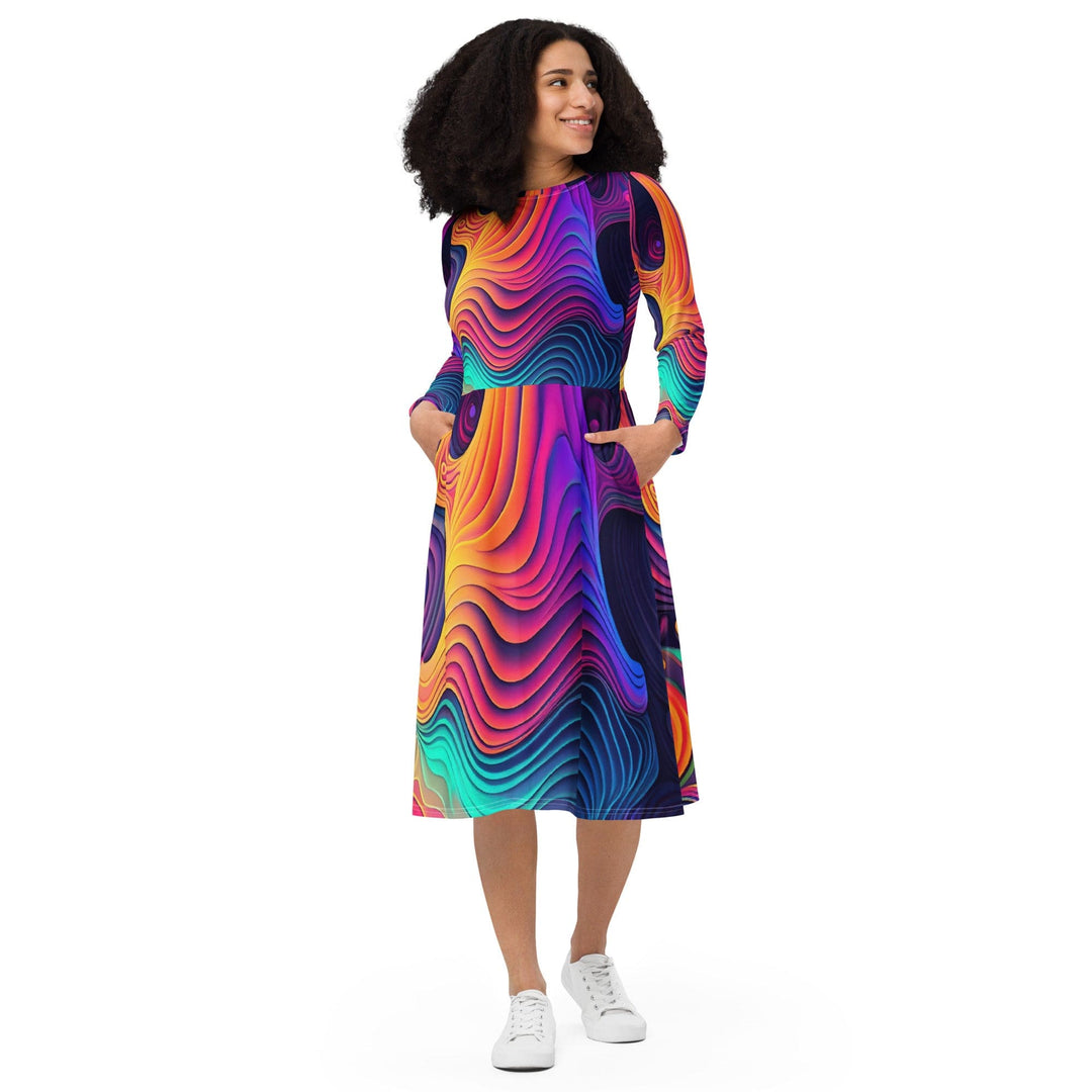 Womens Long Sleeve Midi Dress Vibrant Psychedelic Kaleidoscope Boho - Womens