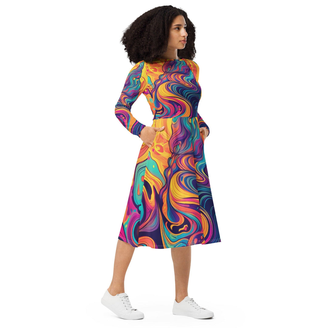 Womens Long Sleeve Midi Dress - Vibrant Psychedelic Kaleidoscope Boho 3
