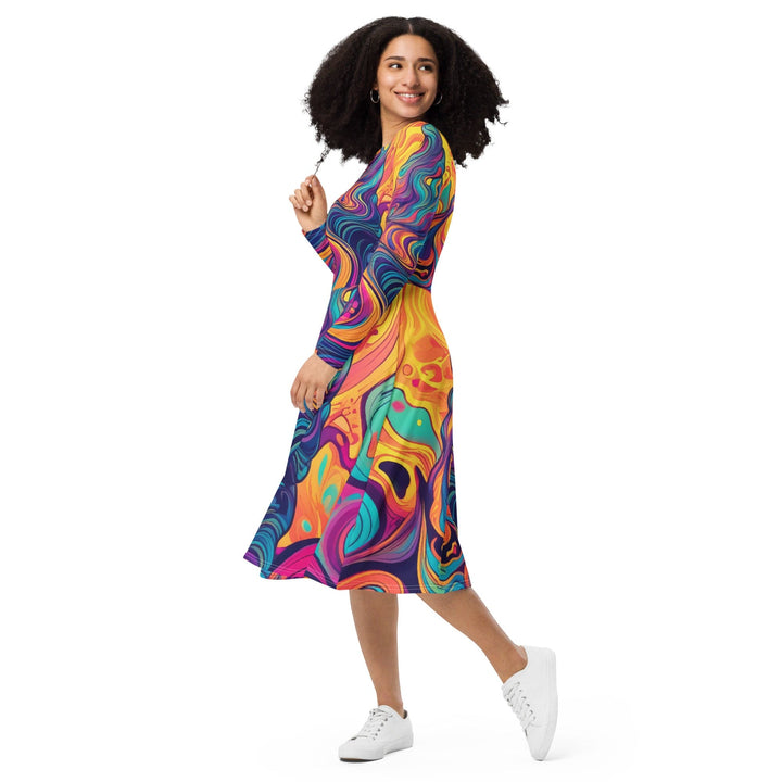 Womens Long Sleeve Midi Dress - Vibrant Psychedelic Kaleidoscope Boho 3