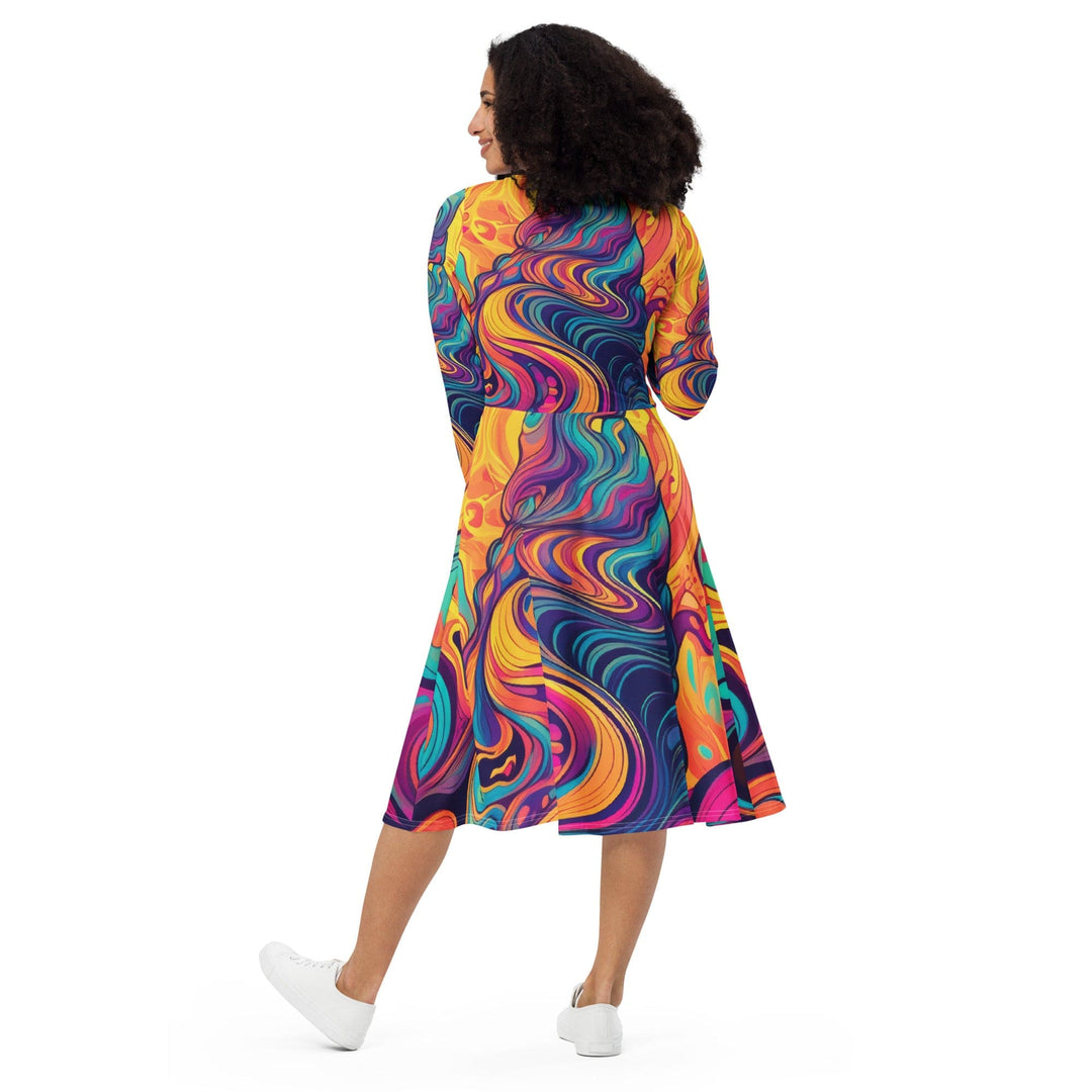 Womens Long Sleeve Midi Dress - Vibrant Psychedelic Kaleidoscope Boho 3