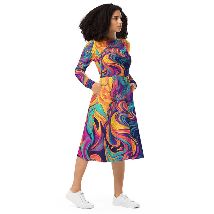 Womens Long Sleeve Midi Dress - Vibrant Psychedelic Kaleidoscope Boho 3