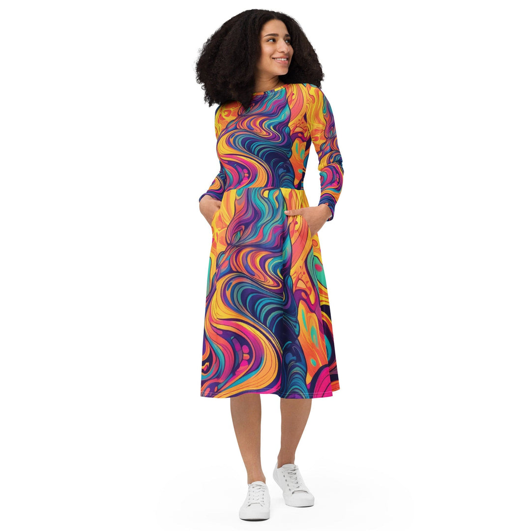 Womens Long Sleeve Midi Dress Vibrant Psychedelic Kaleidoscope Boho 3 - Womens