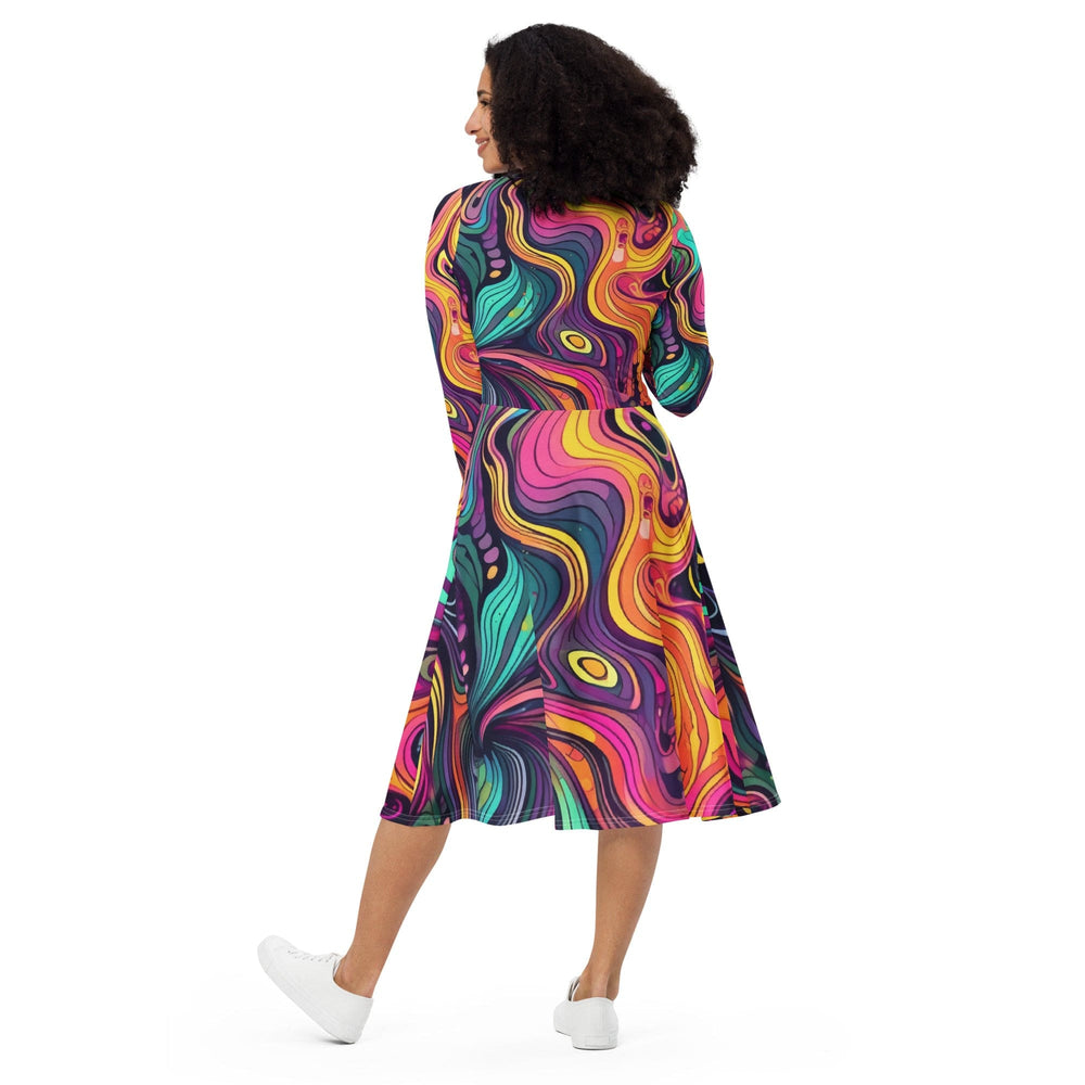 Womens Long Sleeve Midi Dress Vibrant Psychedelic Kaleidoscope Boho 2 - Womens