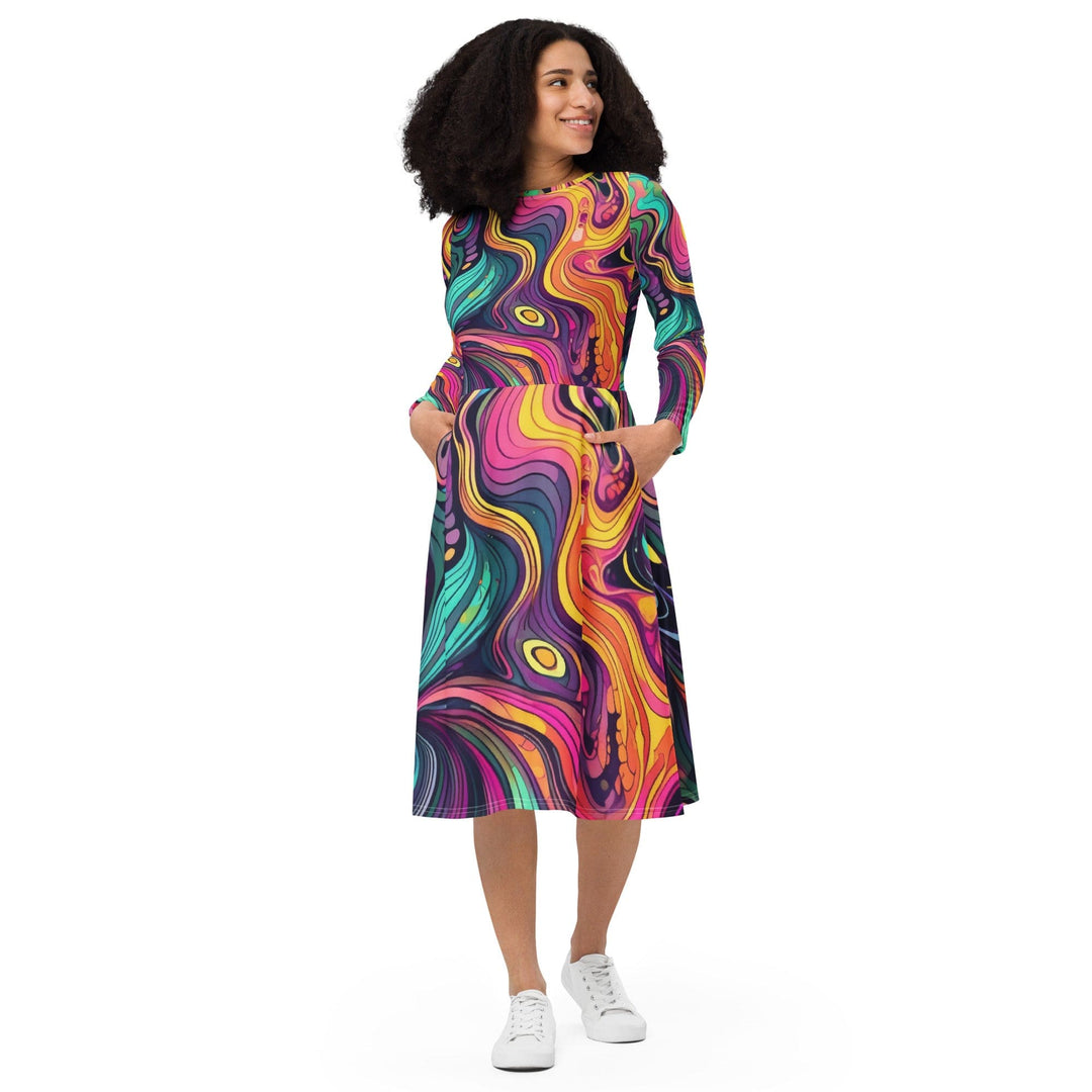 Womens Long Sleeve Midi Dress Vibrant Psychedelic Kaleidoscope Boho 2 - Womens