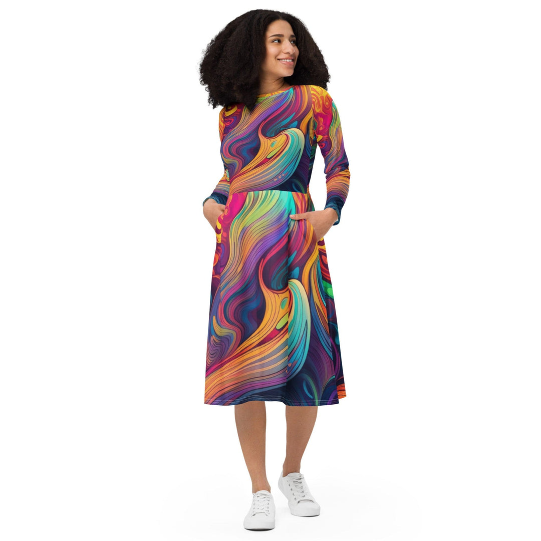 Womens Long Sleeve Midi Dress Vibrant Psychedelic Kaleidoscope Boho 4 - Womens