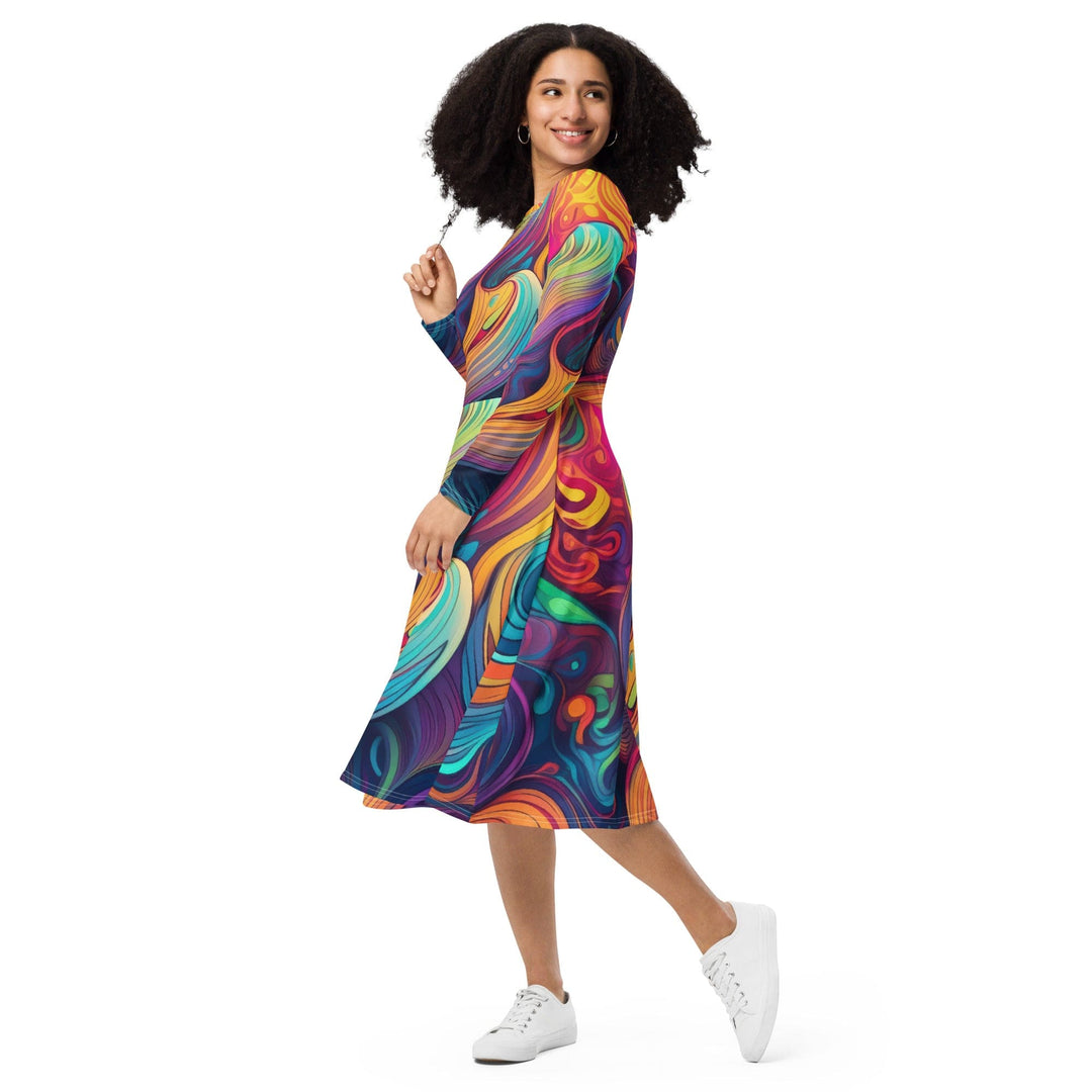 Womens Long Sleeve Midi Dress Vibrant Psychedelic Kaleidoscope Boho 4 - Womens