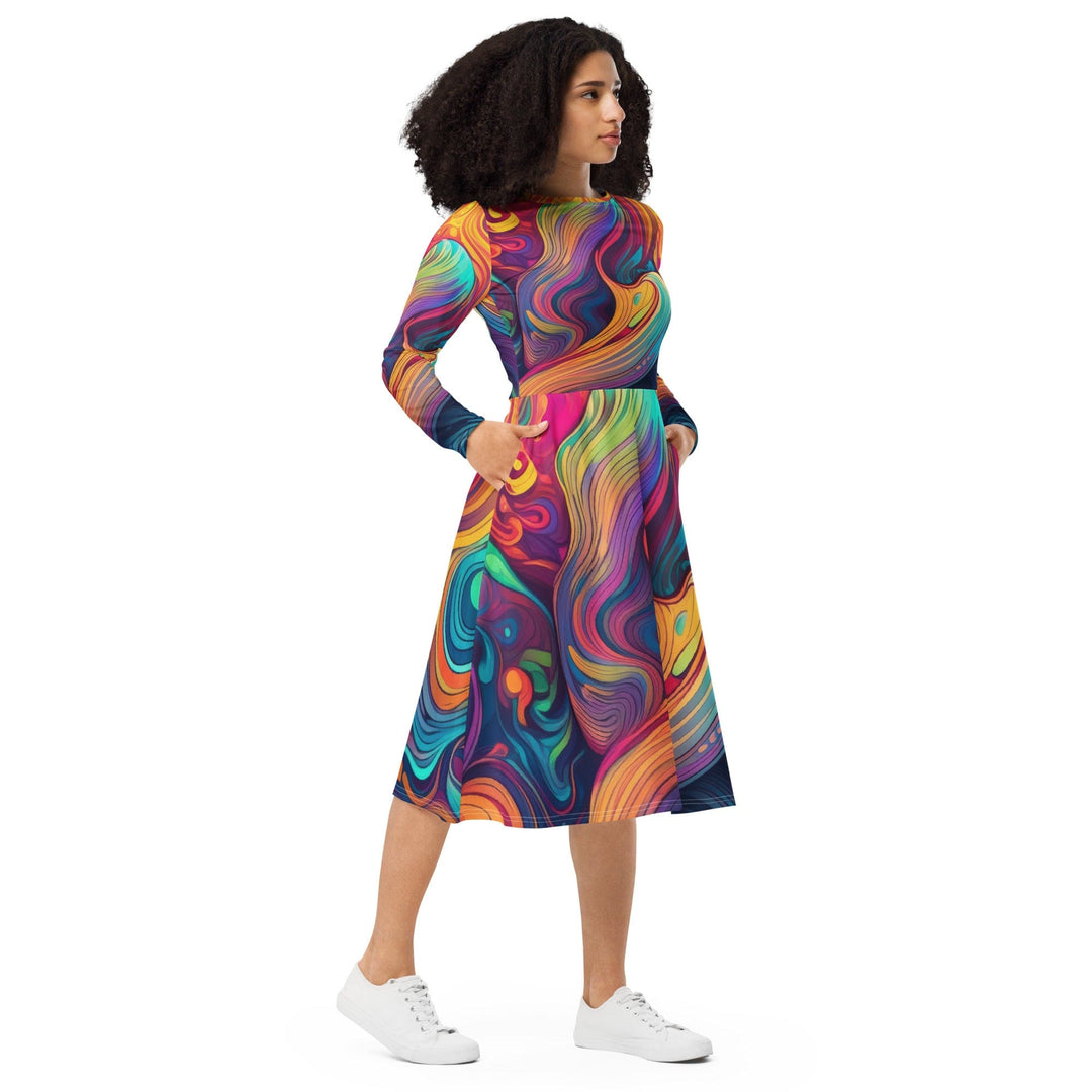 Womens Long Sleeve Midi Dress Vibrant Psychedelic Kaleidoscope Boho 4 - Womens