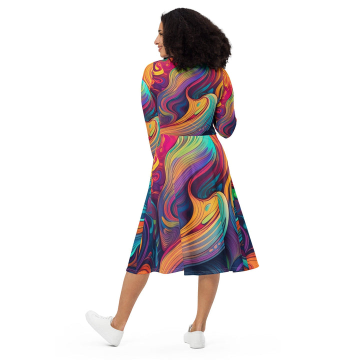 Womens Long Sleeve Midi Dress Vibrant Psychedelic Kaleidoscope Boho 4 - Womens