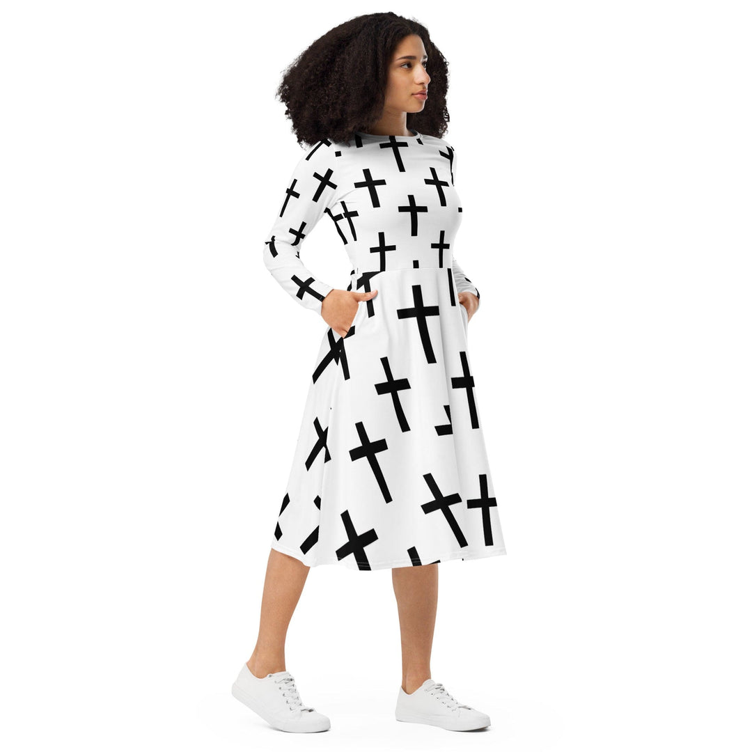 Womens Long Sleeve Midi Dress White Black Cross Print - Womens | Dresses | MIDI