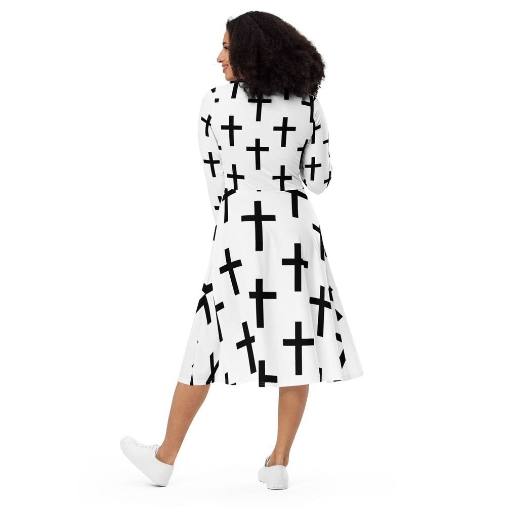 Womens Long Sleeve Midi Dress White Black Cross Print - Womens | Dresses | MIDI