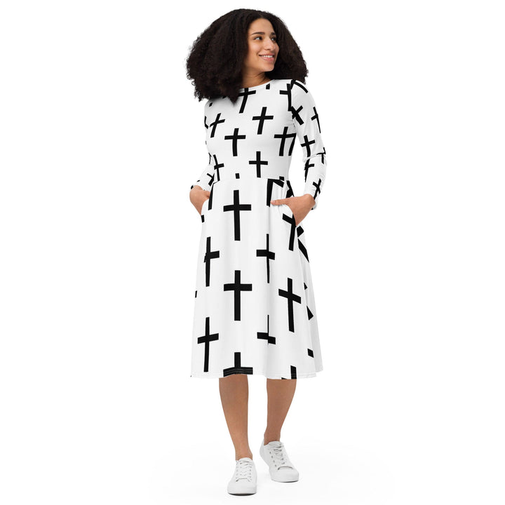 Womens Long Sleeve Midi Dress White Black Cross Print - Womens | Dresses | MIDI