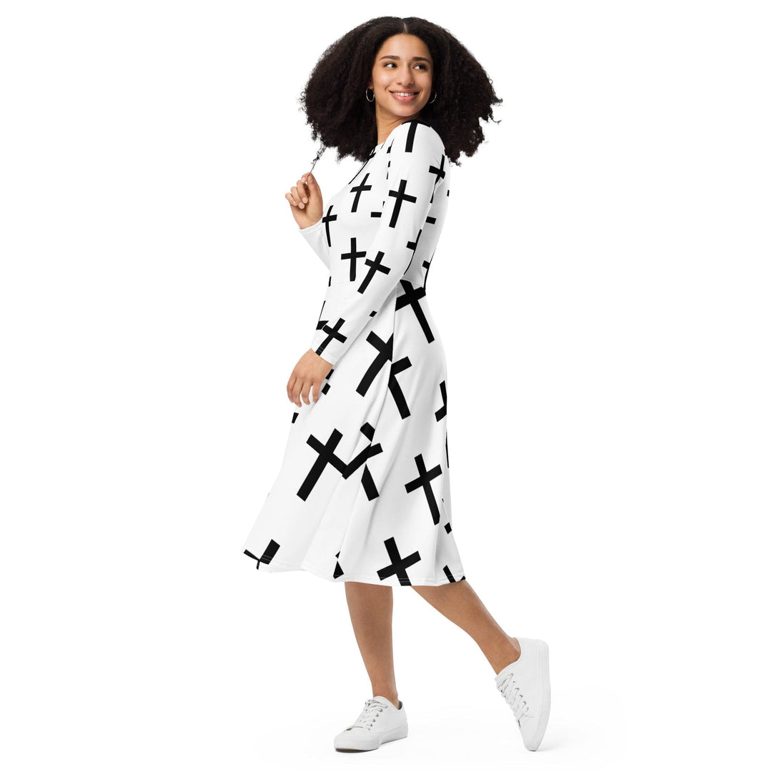 Womens Long Sleeve Midi Dress White Black Cross Print - Womens | Dresses | MIDI