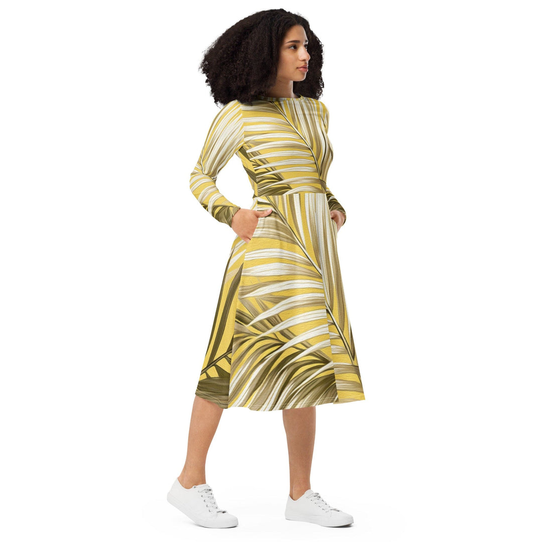 Womens Long Sleeve Midi Dress White Brown Palm Leaves - Womens | Dresses | MIDI