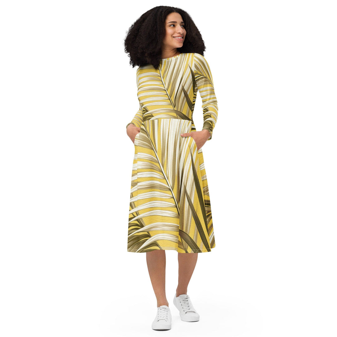 Womens Long Sleeve Midi Dress White Brown Palm Leaves - Womens | Dresses | MIDI