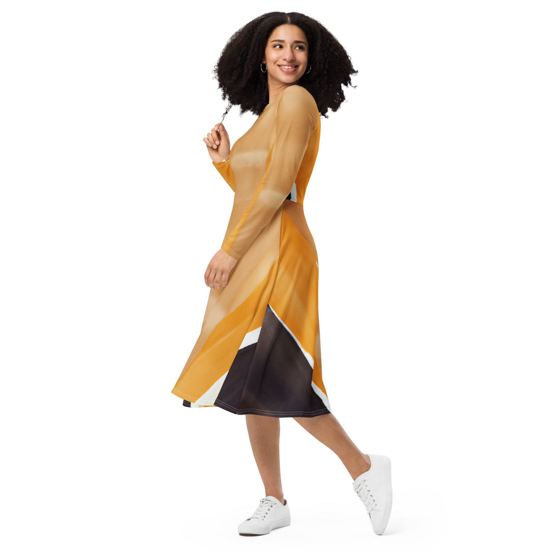 Womens Long Sleeve Midi Dress Yellow Brown Abstract Pattern - Womens | Dresses