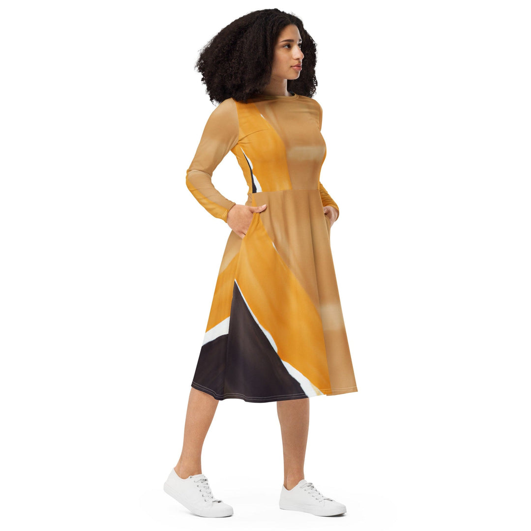 Womens Long Sleeve Midi Dress Yellow Brown Abstract Pattern - Womens | Dresses