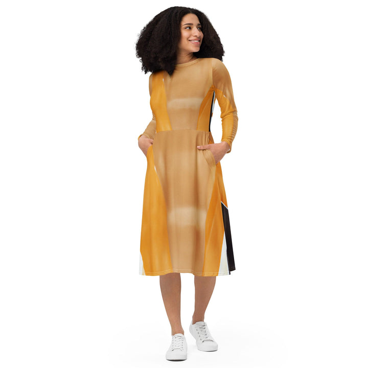 Womens Long Sleeve Midi Dress Yellow Brown Abstract Pattern - Womens | Dresses