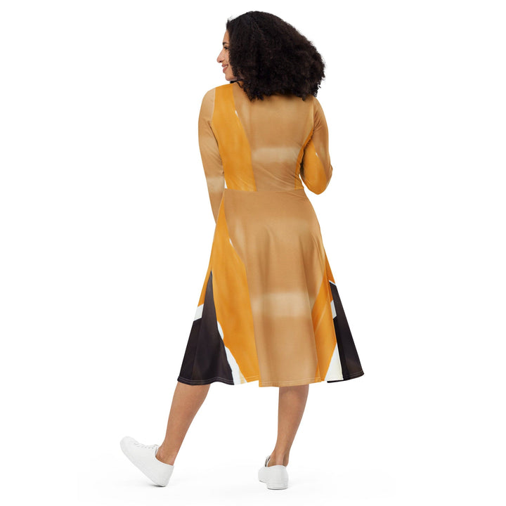 Womens Long Sleeve Midi Dress Yellow Brown Abstract Pattern - Womens | Dresses