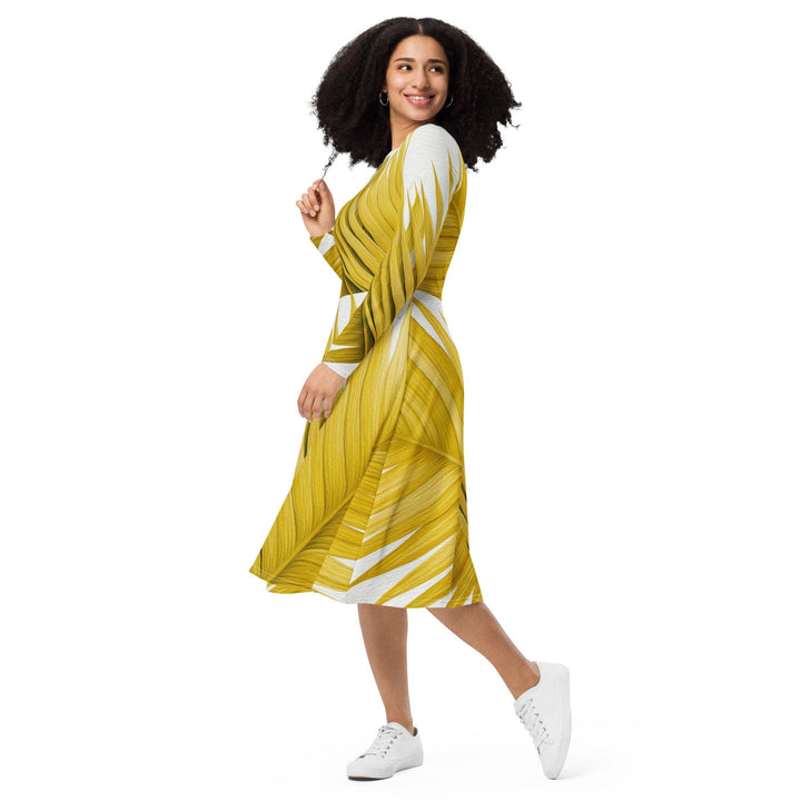 Womens Long Sleeve Midi Dress Yellow Palm Leaves - Womens | Dresses | MIDI | AOP