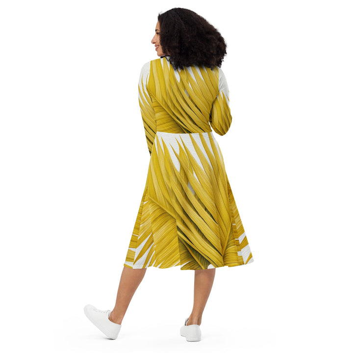 Womens Long Sleeve Midi Dress Yellow Palm Leaves - Womens | Dresses | MIDI | AOP