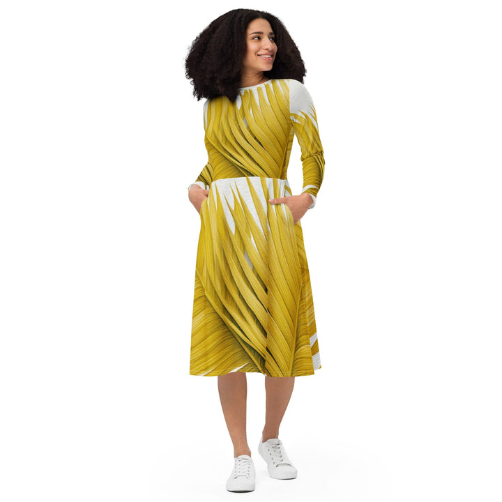 Womens Long Sleeve Midi Dress Yellow Palm Leaves - Womens | Dresses | MIDI | AOP