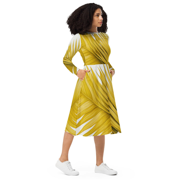 Womens Long Sleeve Midi Dress Yellow Palm Leaves - Womens | Dresses | MIDI | AOP