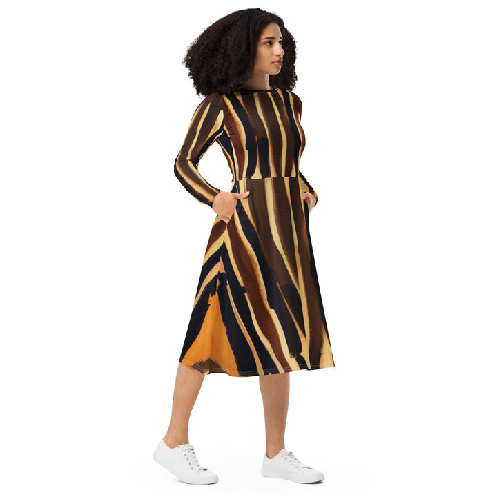 Womens Long Sleeve Midi Dress - Zorse Lines Print - Womens/Dresses/MIDI/AOP